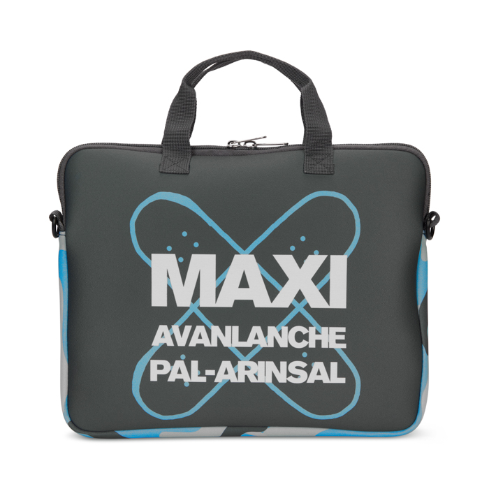 Pochette pour ordinateur portable en néoprène sublimé avec fermeture éclair et poignée.