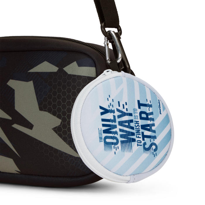 Mini pochette ronde en néoprène sublimé.