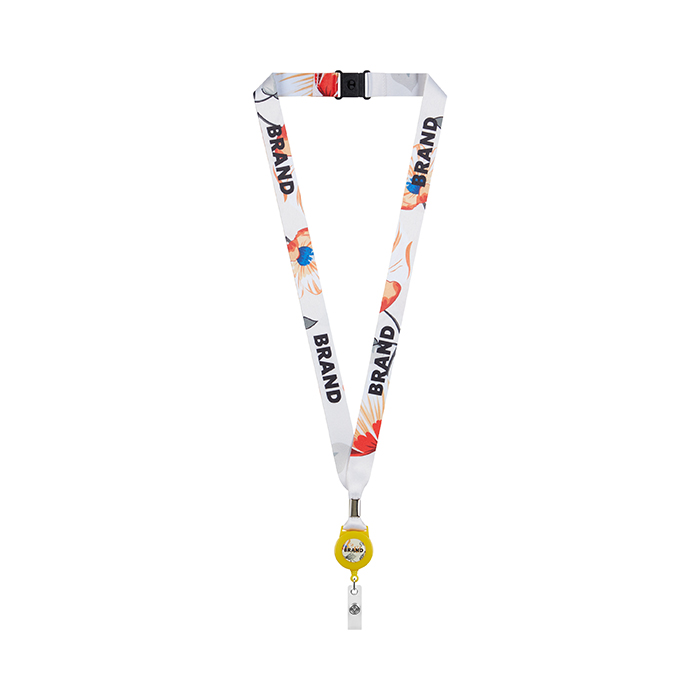 Lanière enrouleur de badge en polyester sublimé avec sertissage métallique.
