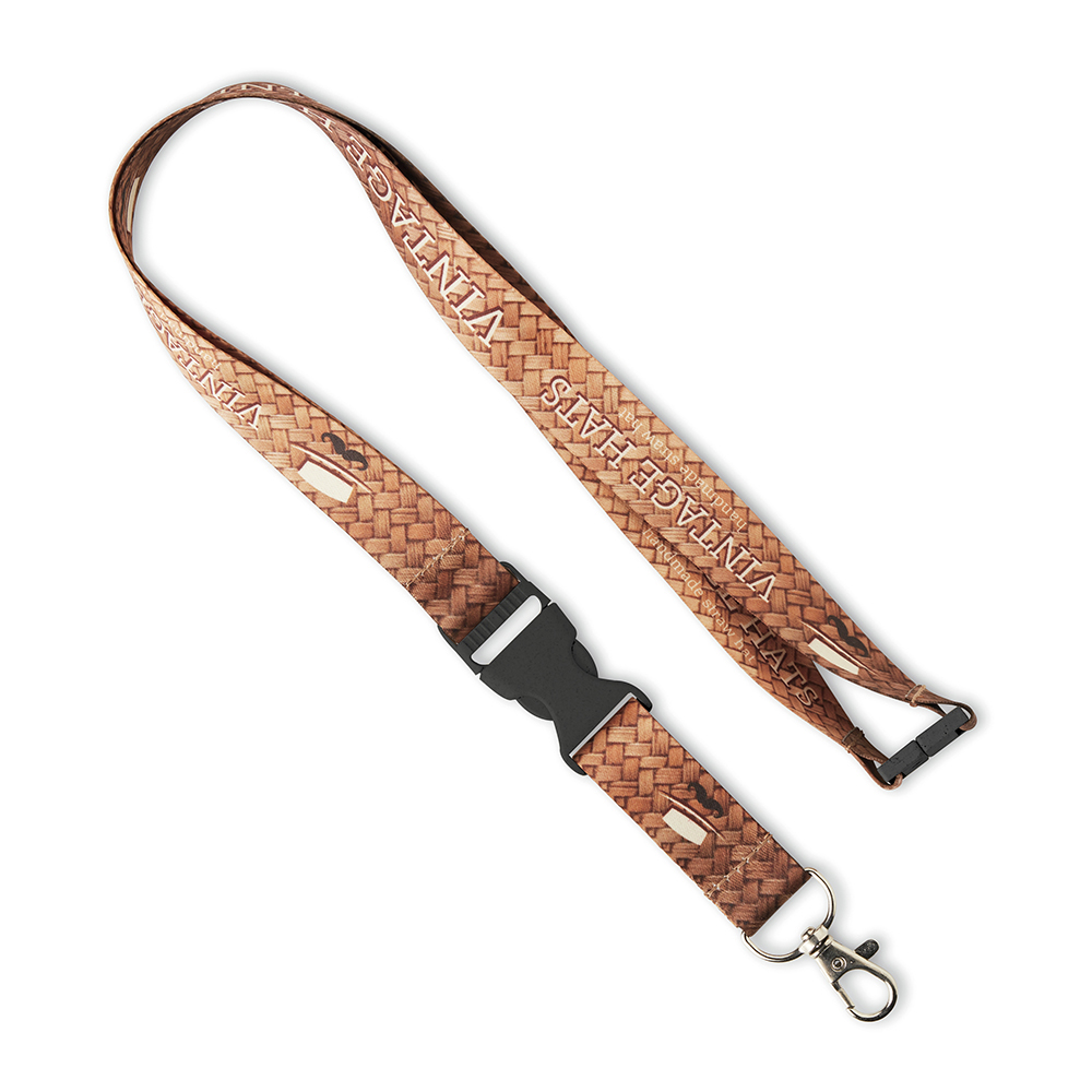 Lanyard RPET avec boucle et motif en quadri sur les deux faces.