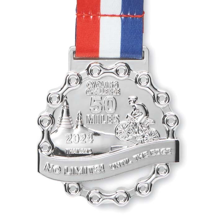 Médaille en relief en alliage de zinc avec rubans cousus en boucle.