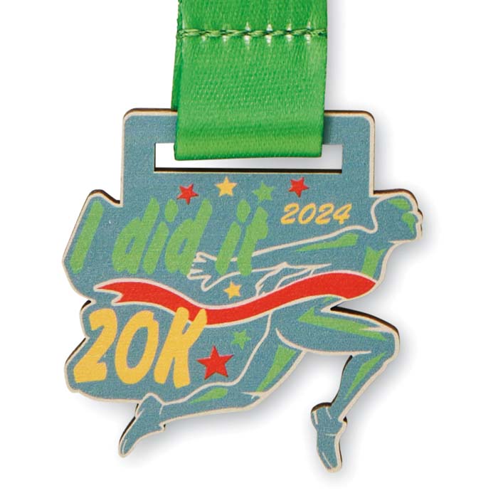 Médaille en bois (≤25cm2). Ruban sublimé.