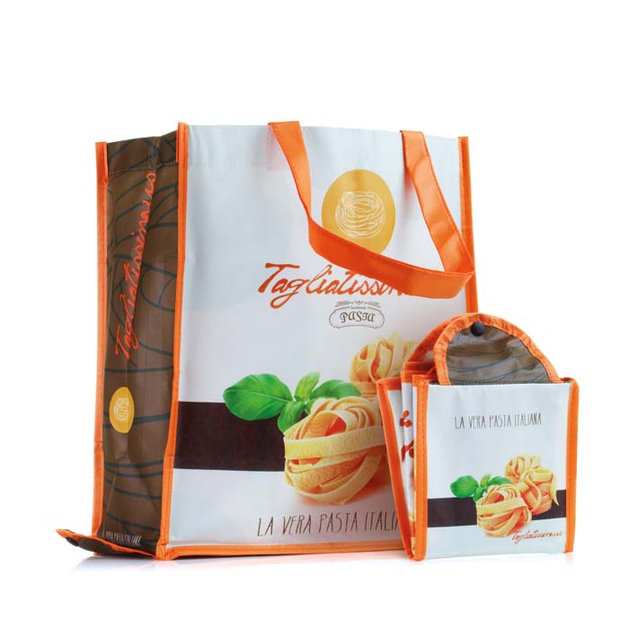 Sacshopping pliable avec anses en PP et votre design en quadri.