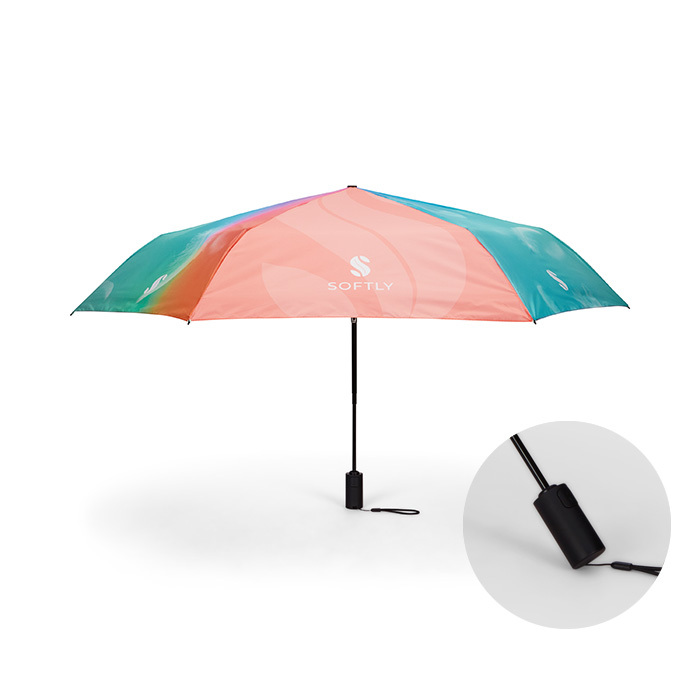 Parapluie pliable de ⌀93 cm avec ouverture et fermeture automatiques, résistant aux tempêtes. Design en couleur intégrale (photo) sur tous les panneaux.