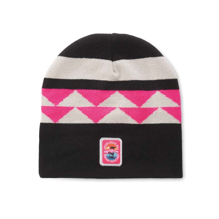 Bonnet jacquard en acrylique à motif personnalisé.