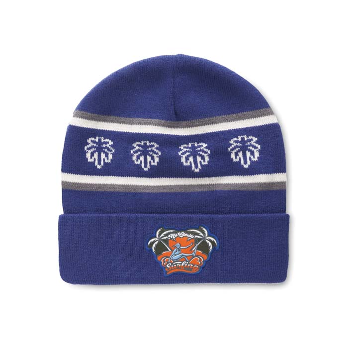 Bonnet en acrylique à motif personnalisé avec revers en jacquard.