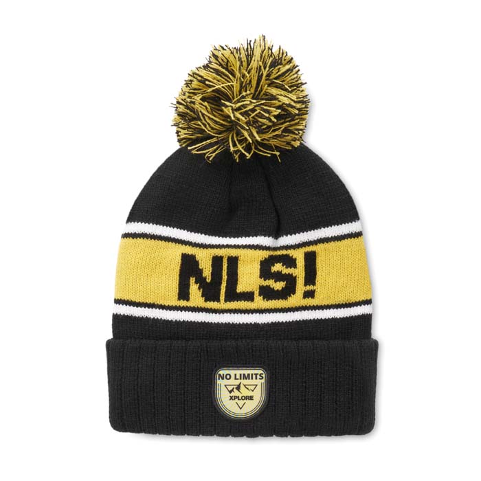 Bonnet à pompon en acrylique avec motif personnalisé en jacquard.