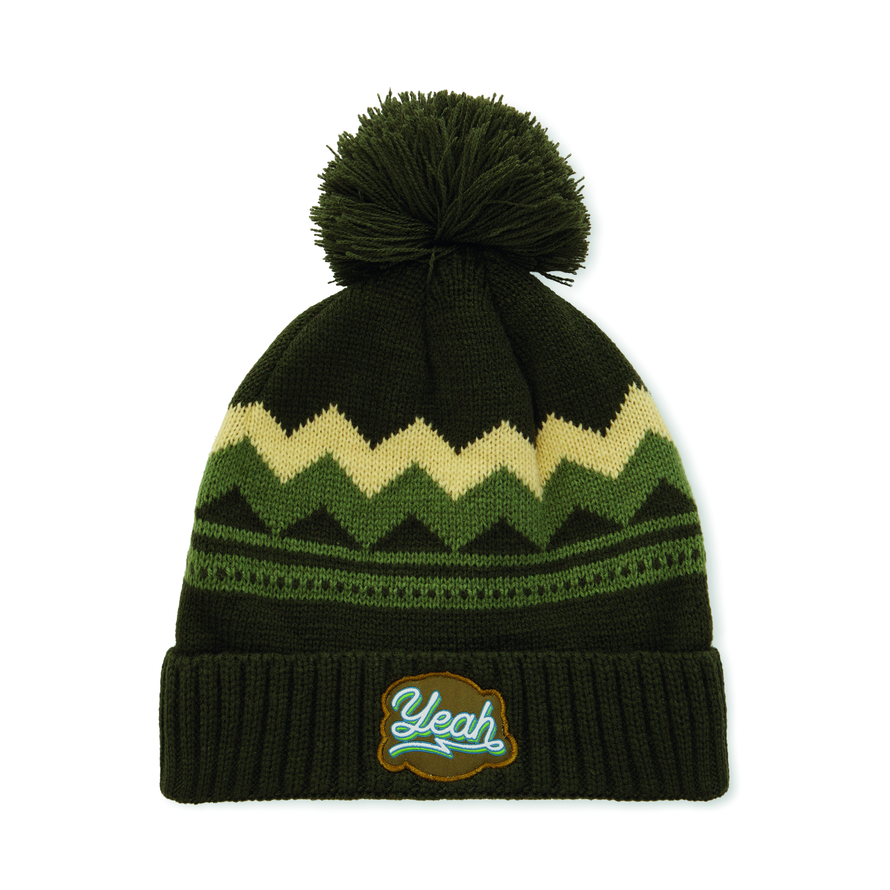 Bonnet en acrylique à motifs personnalisés avec revers en tricot côtelé 2*1 et pompon.