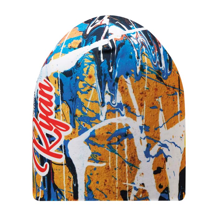 Bonnet imprimé en quadri sur toute la surface , double épaisseur en 100% polyester 190g/m². Taille unique.