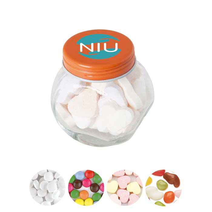 Pot en verre avec couvercle en métal. Dimensions : 5,5X5X3,5 cm.