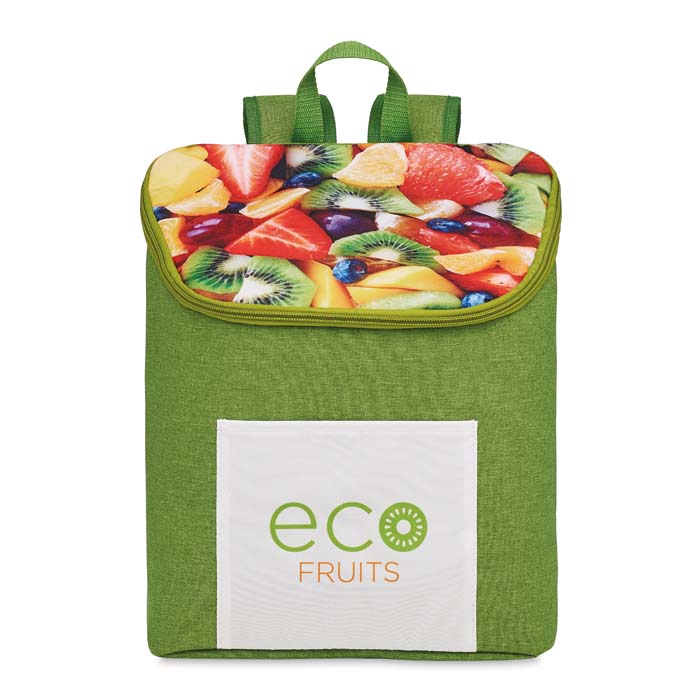 Sac à dos isotherme avec couvercle en couleur et poche frontale.