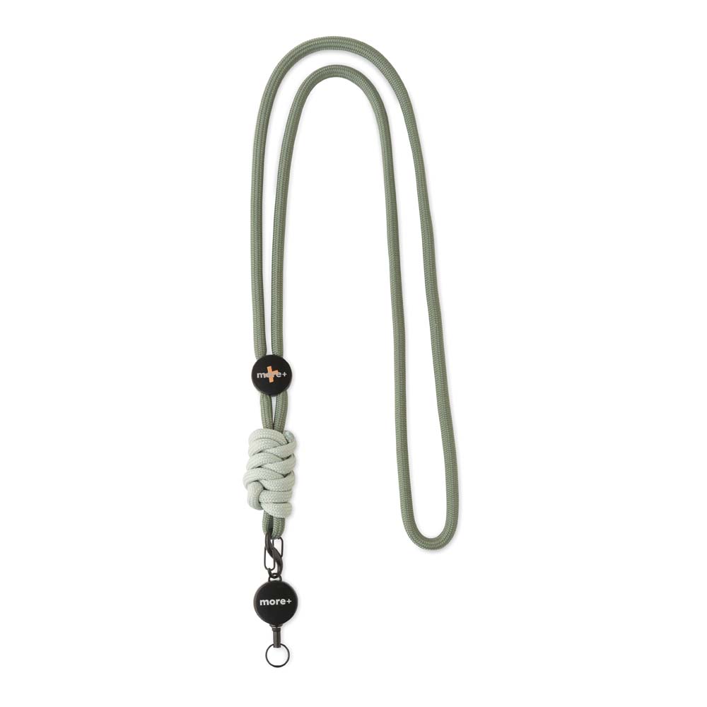Lanyard réglable avec cordon et enrouleur de badge en métal, avec nœud de couleur contrastante.