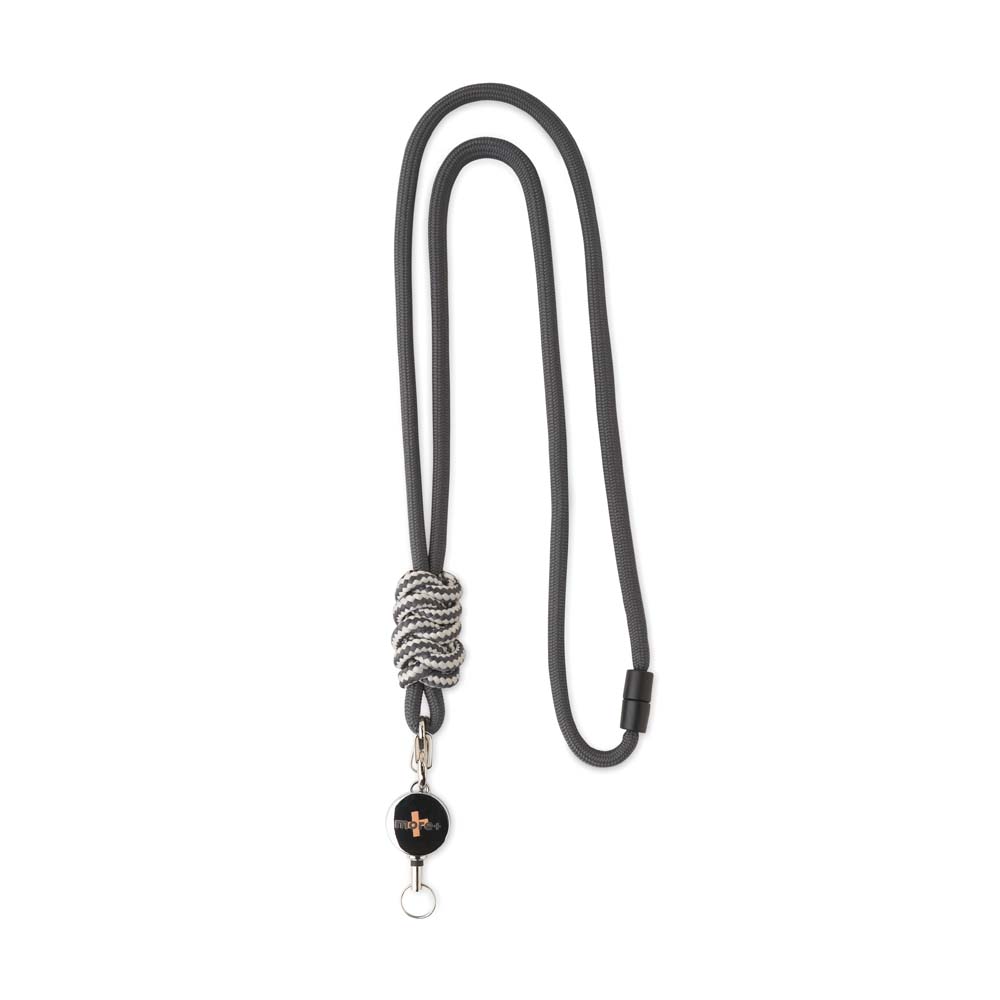 Lanyard avec cordon et enrouleur de badge en métal, avec nœud bicolore.